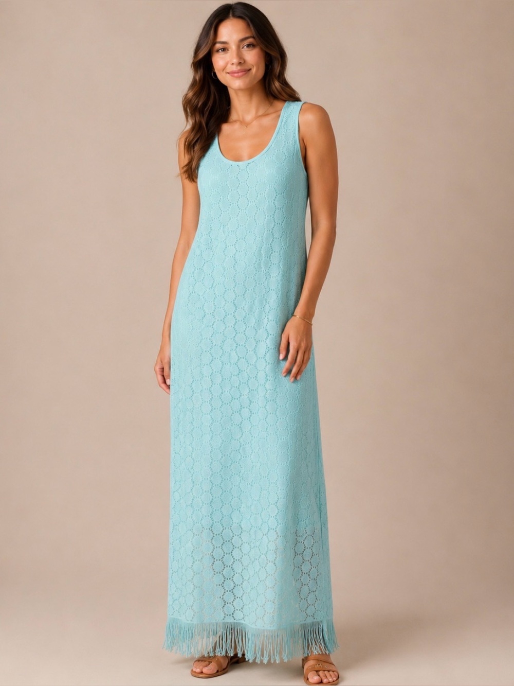 Melissa Paige Sleeveless Maxi Dress Women’s S Teal Shorter Slip Lining Fringe